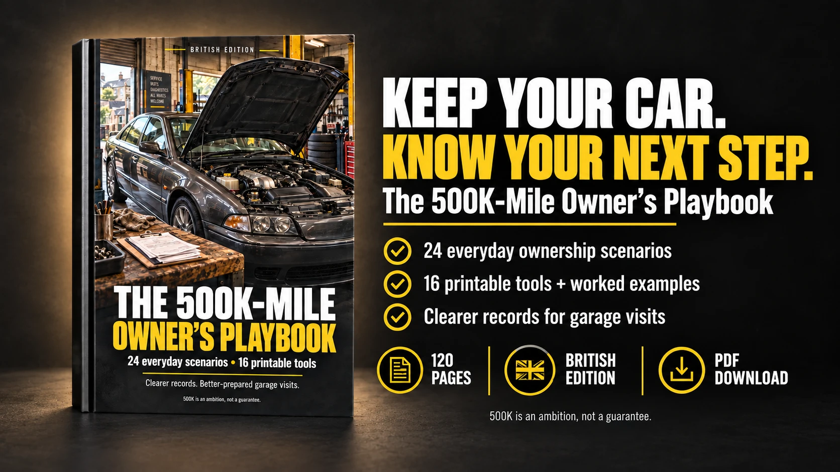 The 500K-Mile Owner's Playbook. British ownership guide with 24 everyday scenarios and 16 printable tools. 500K is an ambition, not a guarantee.