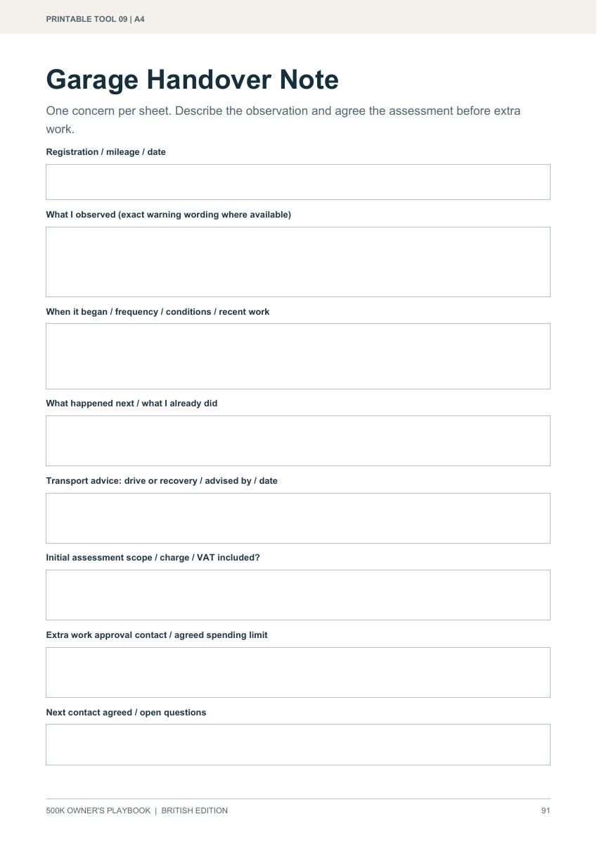 Garage Handover Note for observations, timing, assessment and authorisation