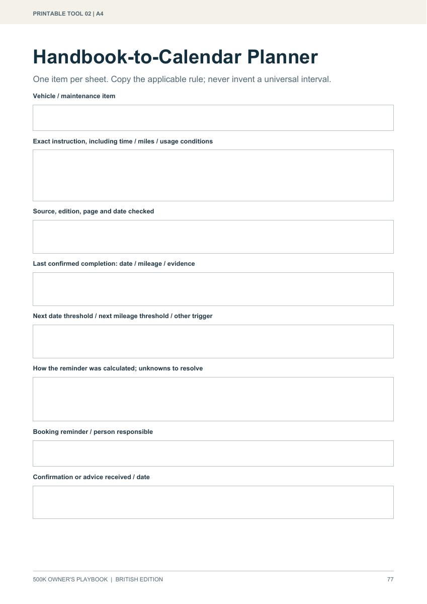 Handbook-to-Calendar Planner with fields for source, baseline, threshold and booking
