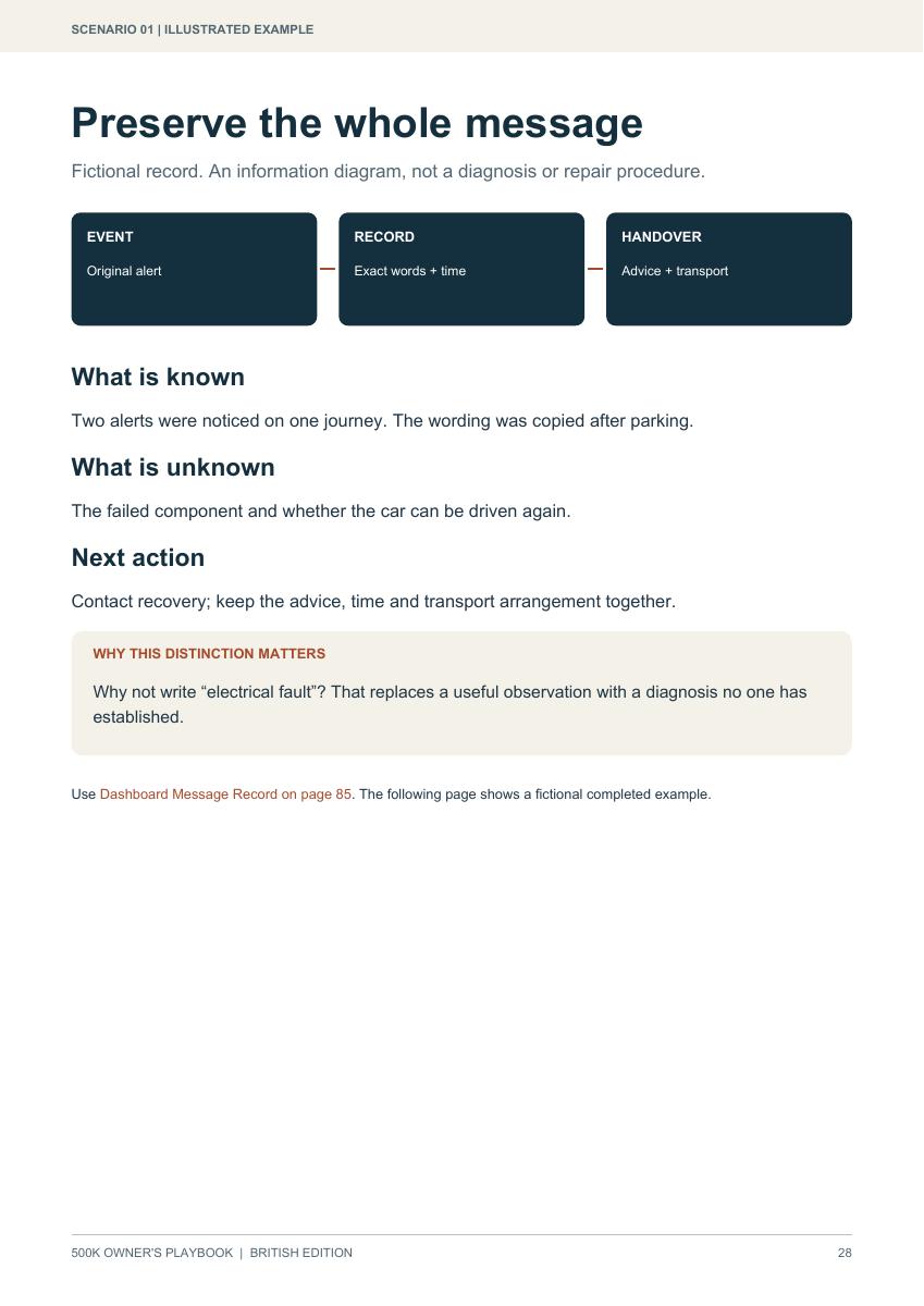 Scenario: a new warning while driving, with recording guidance and a fictional example